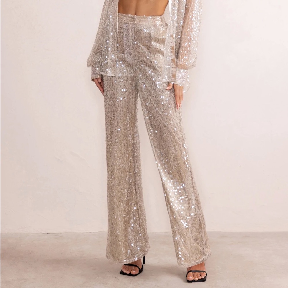 Champagne color sequins 3pc coordinating set: bralette, pants & button-up shirt - Picture 2 of 5